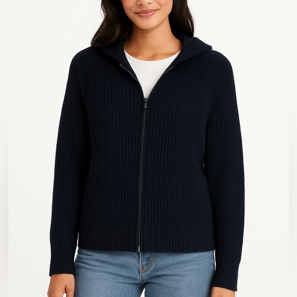 Weekend Max Mara Navy Knit Zip Up Hooded Cotton Jacket Size Small Women's